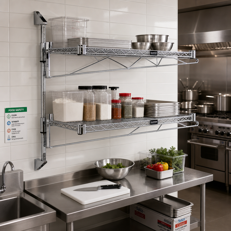 Product image #2 for Quantum Cantilever Double Shelf Wall-Mount Wire Shelving Unit with 48" x 12" Shelves, Chrome Plated