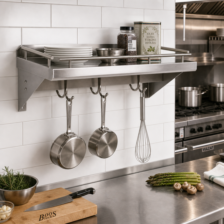 Product image #2 for John Boos Cucina Mensola Grande Wall-Mount Stainless Steel Pot Rack Shelf with Galley Rails and 3 Double Hooks, 24 x 12 Inches