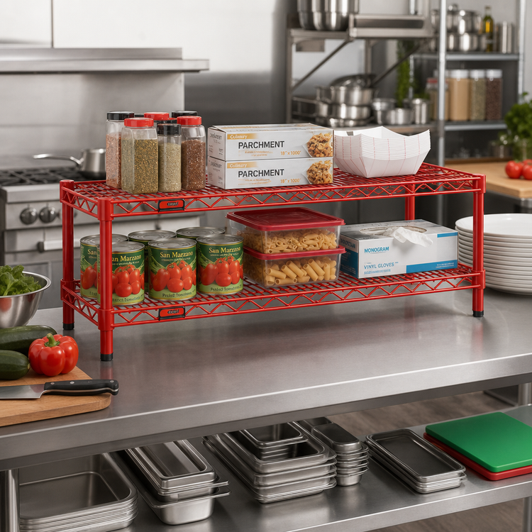 Product image #2 for Eagle Group QuadTruss 2-Tier Front Case Merchandise Cantilevered Wire Shelving Unit, 48W x 14D x 14H, Red Epoxy
