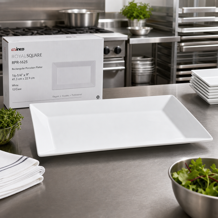 Product image #2 for Winco Royalsquare RPR-1625 Rectangular Porcelain Platter — 16-1/4" x 9", White (12/Case)