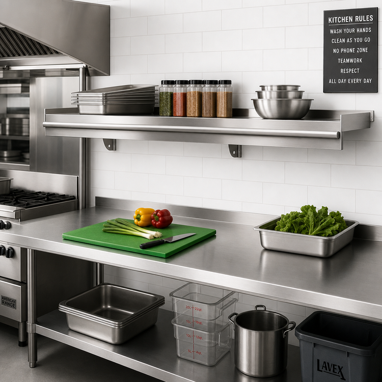 Product image #2 for Eagle Snap-n-Slide 72-Inch-Wide x 12-Inch-Deep Wall-Mounted Shelf, Rolled Front Edge, 16/430 Stainless Steel