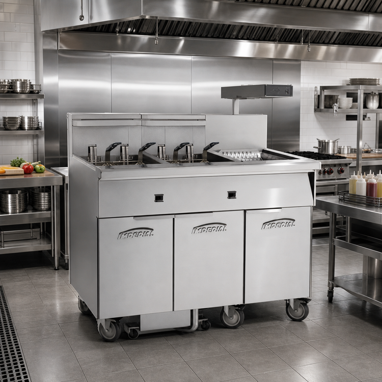 Product image #2 for Imperial Electric Floor Model 4-Battery Fryer with Built-In Filter System, Dump Station and 75 lb. Tanks