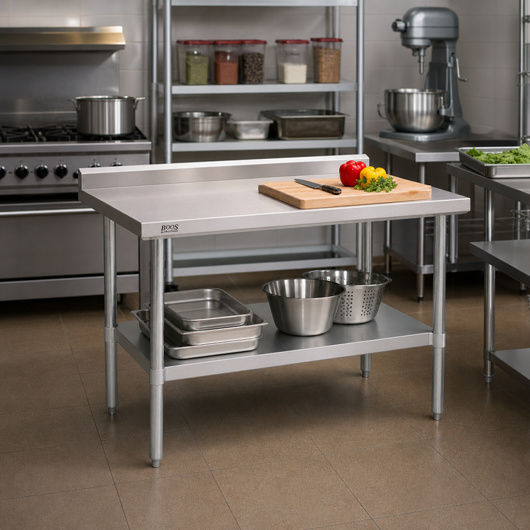Product image #2 for John Boos Stallion Economy Stainless Steel Work Table, 48 x 30 Inches, 5-Inch Backsplash, Galvanized Base