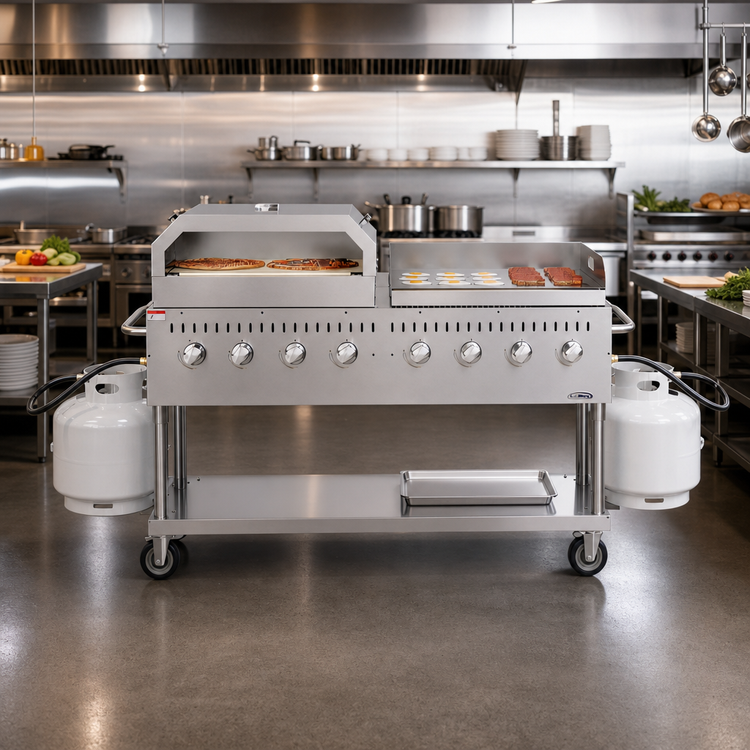 Product image #2 for KoolMore 60-Inch 8-Burner Commercial Outdoor Propane Gas Grill with 30-Inch Griddle and 30-Inch Pizza Oven