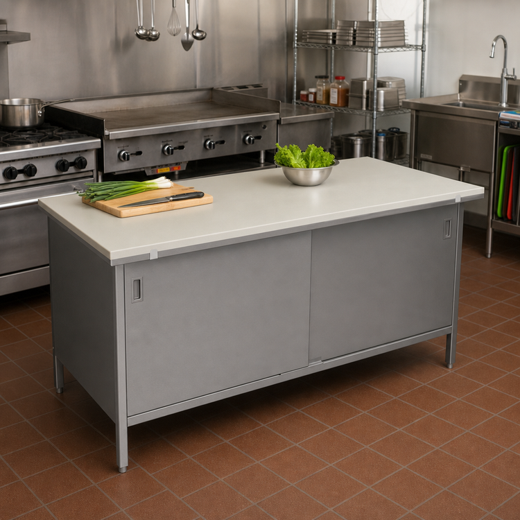 Product image #2 for John Boos Poly Top Enclosed Base Work Table with Sliding Door Cabinet Base, 60 x 30 Inches