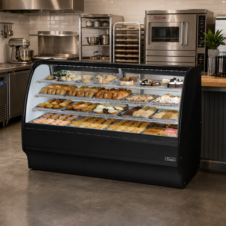 Product image #2 for True 77-1/4 Inch Curved Glass Dry Pastry Display Case with Solid Colored End, Stainless Steel Interior/Exterior