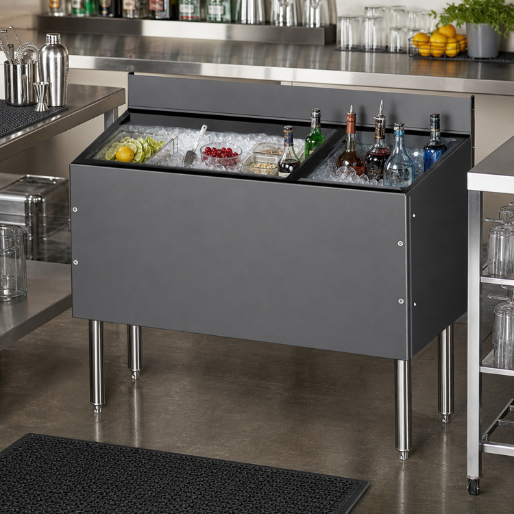 Product image #2 for CHOICE Extra Deep 48-Inch Underbar Combo Ice Bin / Cocktail Unit with Dual Bottle Wells and 10-Circuit Cold Plate