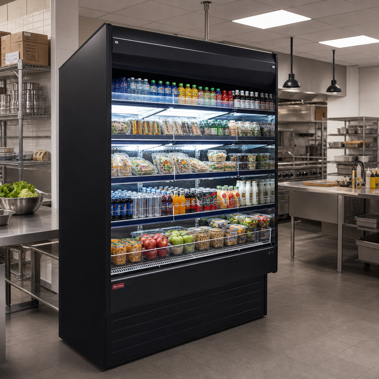 Product image #2 for Howard-McCray 35E Series Multi-Purpose Open Merchandiser, 63" Wide, 4-Tier, Self-Contained Refrigeration, Black