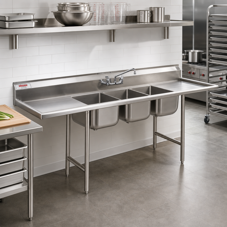 Product image #2 for 412 Series 3-Compartment Stainless Steel Sink with Right-Hand Drainboard, 80-3/8" W x 27-1/2" D