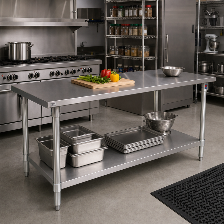 Product image #2 for John Boos Stallion 144-Inch x 24-Inch 16-Gauge Stainless Steel Flat Top Work Table with Galvanized Legs and Adjustable Undershelf