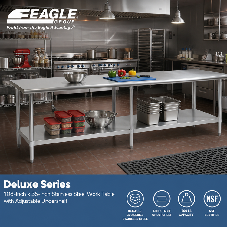 Product image #2 for Eagle Deluxe Series 108-Inch x 36-Inch Stainless Steel Work Table with Adjustable Undershelf