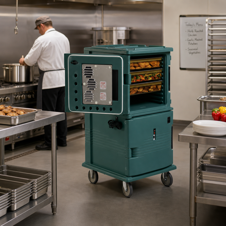 Product image #3 for Cambro Ultra Camcart H-Series Heated Front-Loading 2-Compartment Full-Size GN 1/1 Food Pan Cart with Heavy-Duty Casters, Granite Green