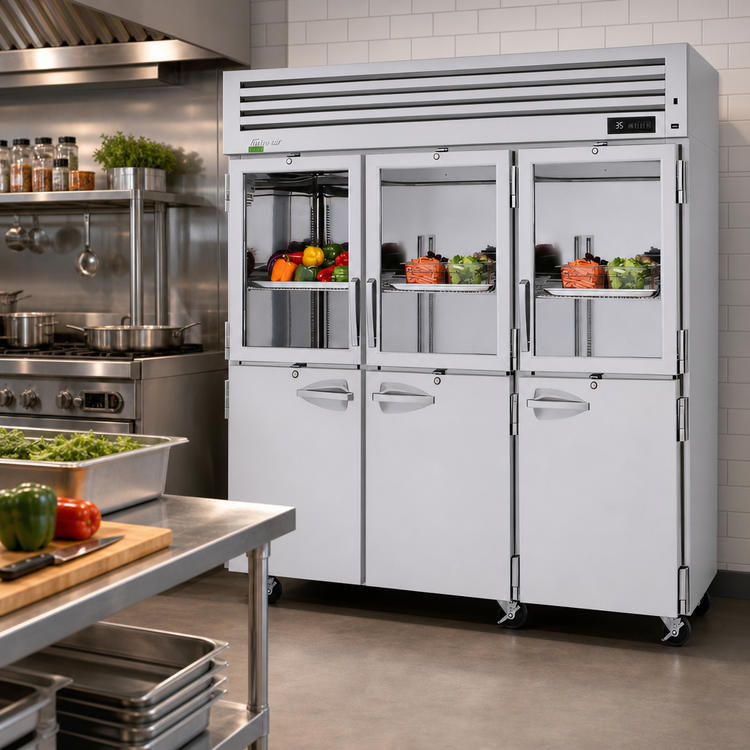 Product image #2 for Turbo Air PRO Series 3-Section Glass & Solid Half-Door Reach-In Refrigerator, 74.78 Cu. Ft., Top Mount Self-Contained, 115V