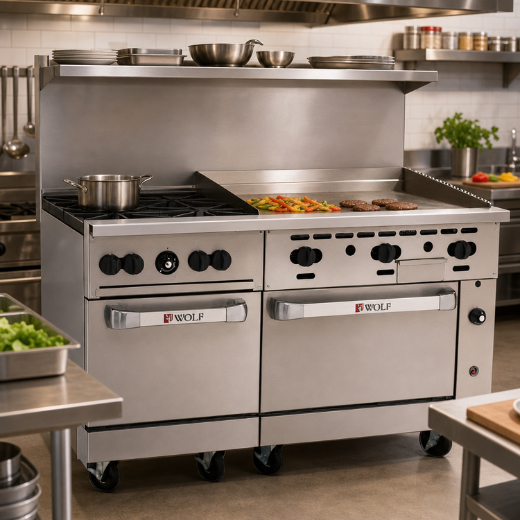 Product image #2 for Wolf Challenger XL 60-Inch Gas Restaurant Range with 4 Open Burners, 36-Inch Thermostatic Griddle, and 2 Standard Ovens