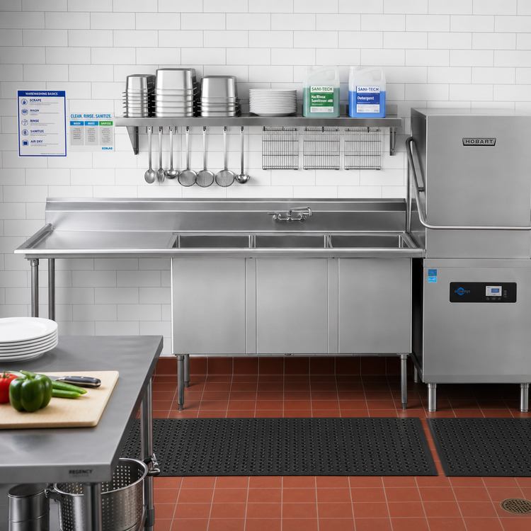 Product image #2 for Advance Tabco 3-Compartment Stainless Steel Sink Table with 11-Inch Left Drainboard, Right-Side Dish Machine Mount, 83-Inch Wide