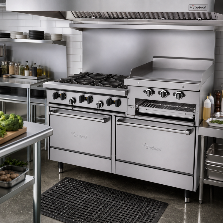 Product image #2 for Garland SunFire X-Series 60-Inch Gas Restaurant Range with 6 Open Burners, 24-Inch Raised Griddle/Broiler, and 2 Standard Ovens