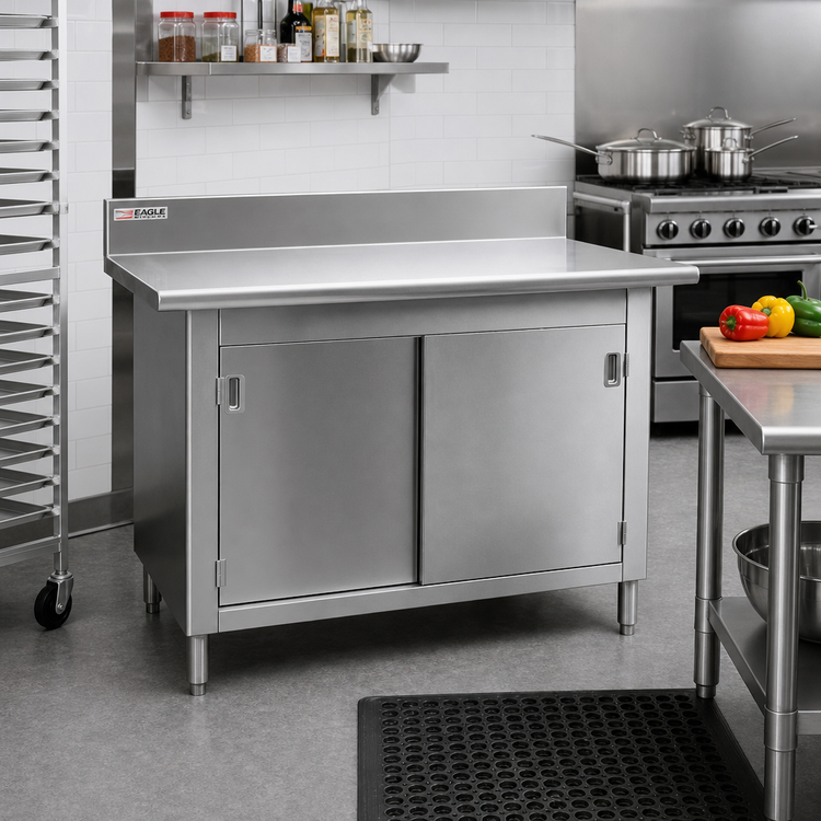 Product image #2 for Eagle Group 48" x 30" Enclosed Work Table with Cabinet Kit, Sliding Doors, 4-1/2" Backsplash