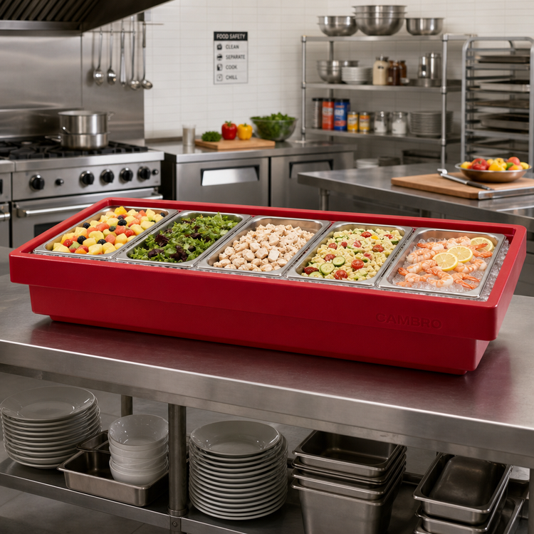 Product image #3 for Cambro Tabletop Cold Food Buffet Bar, 67-1/2 Inch, 5 Full-Size Pan Capacity, Hot Red
