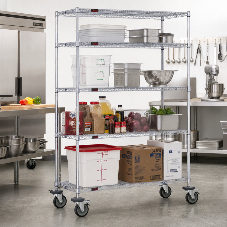 Product image #2 for Eagle Group 4-Tier Chrome Wire Shelving Dolly Truck with Swivel/Brake Casters, 60 x 21 Inches