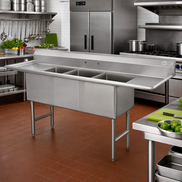Product image #2 for Advance Tabco Special Value Series 90-Inch 3-Compartment Fabricated Sink with Left and Right Drainboards