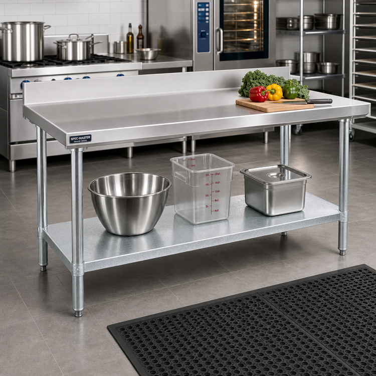 Product image #2 for Spec-Master Marine Series Stainless Steel Work Table with 4-1/2 Inch Backsplash, Galvanized Base, and Adjustable Undershelf, 120 Inch x 36 Inch