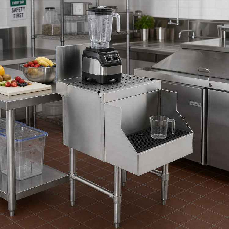 Product image #2 for Advance Tabco Prestige Supreme 18-Inch Freestanding Stainless Steel Blender Station with Drainboard Top, Recessed Shelf and Rear Deck