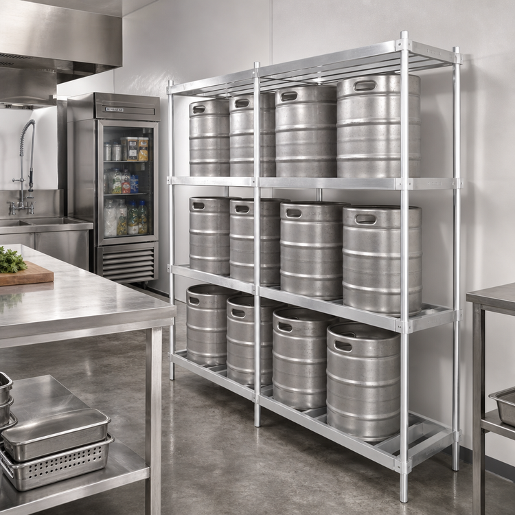 Product image #2 for John Boos 80-Inch Wide Aluminum 3-Shelf Keg Rack, 8-Keg Capacity