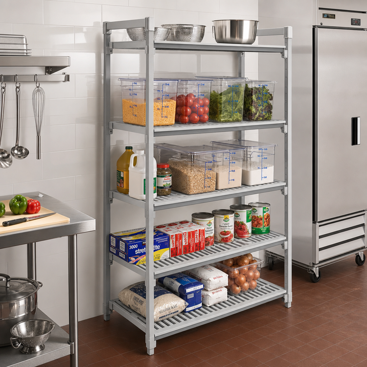 Product image #2 for Cambro Camshelving Elements XTRA 18 x 42 Inch Universal Vented Shelf Kit, 5-Shelf, Speckled Gray