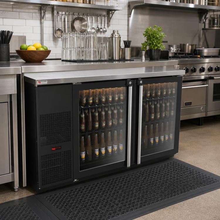 Product image #2 for Pro-Line E-Series Two-Section Self-Contained Refrigerated Back Bar Cooler with Glass Doors, 59-1/2 Inch, Black
