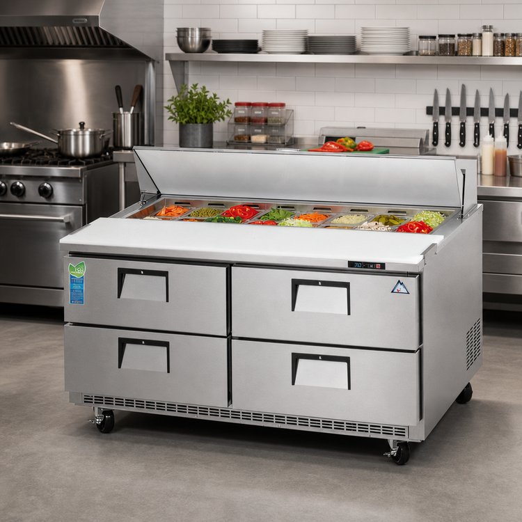Product image #2 for Everest Refrigeration EPBNWR2-D4 Two-Section Sandwich Prep Table with Four Drawers and Rear-Mounted Self-Contained Refrigeration