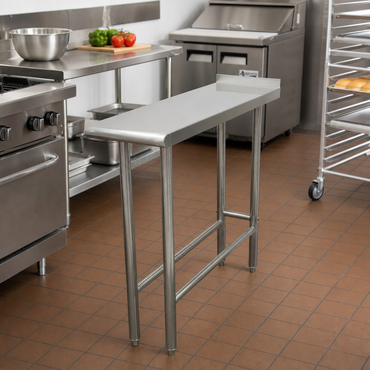 Product image #2 for Advance Tabco TFMS-122 12 x 24 Inch Stainless Steel Equipment Filler Table, Open Base, 16-Gauge 304 Top, 1-1/2 Inch Rear Up-Turn