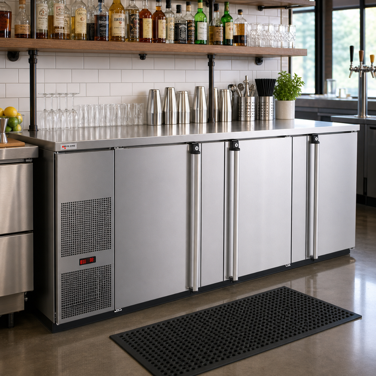 Product image #2 for Pro-Line E-Series Three-Section Refrigerated Back Bar Cooler, 95-1/2 Inch Wide, Self-Contained, Solid Doors