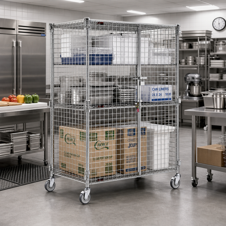 Product image #2 for QuadTruss Mobile Wire Security Cage with 2 Lockable Doors, Chrome-Plated Finish