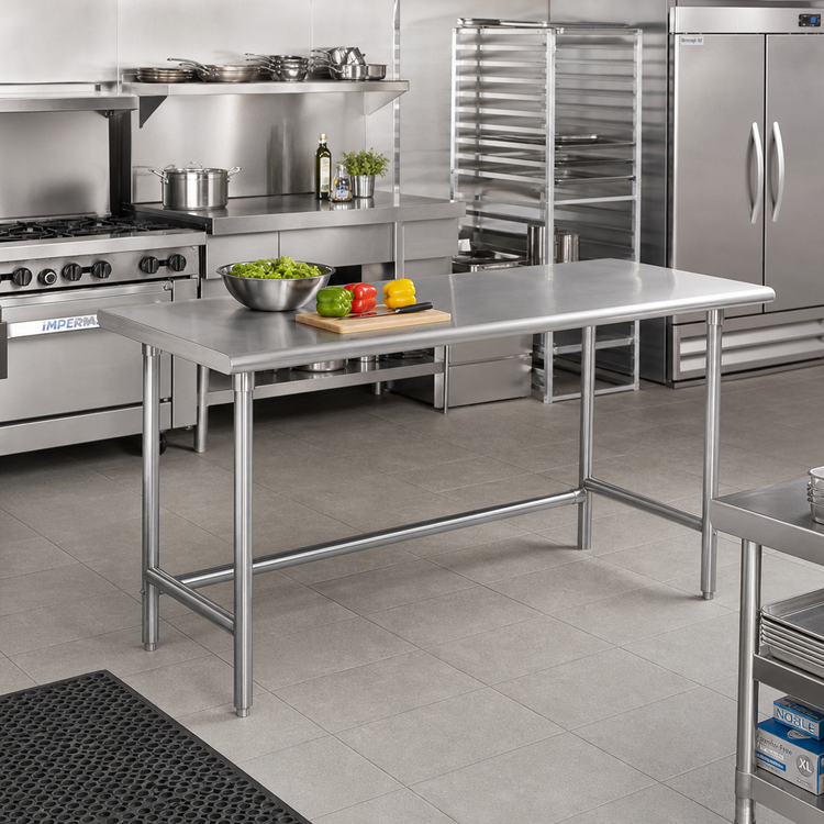Product image #2 for Advance Tabco 84-Inch x 30-Inch 16-Gauge 430 Stainless Steel Open Base Flat Top Work Table