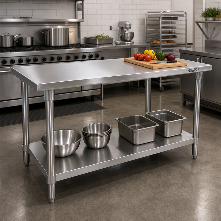 Product image #2 for John Boos Stallion 108"W x 30"D Stainless Steel Flat Top Work Table with Adjustable Undershelf