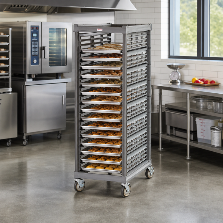 Product image #3 for Cambro Ultimate Full-Size Sheet Pan Rack, 40 Pan Capacity, 1-1/2 Inch Rail Spacing, Plastic Swivel Casters