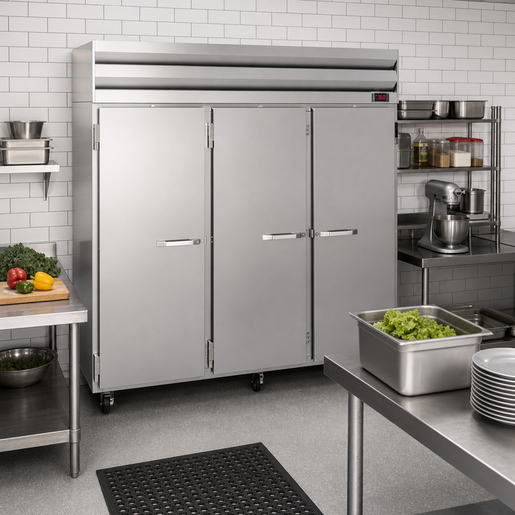 Product image #3 for Howard-McCray SR Series Three-Section Reach-In Refrigerator, 75 Cu. Ft., Self-Contained, Stainless Steel