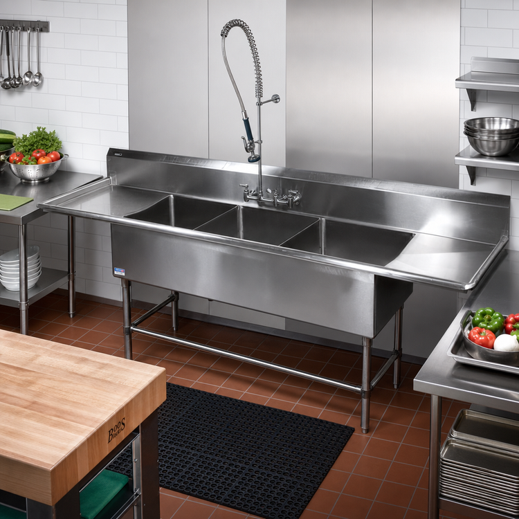 Product image #2 for John Boos Pro-Bowl 3-Compartment Sink with Left and Right Drainboards, 16" x 20" x 12" Bowls