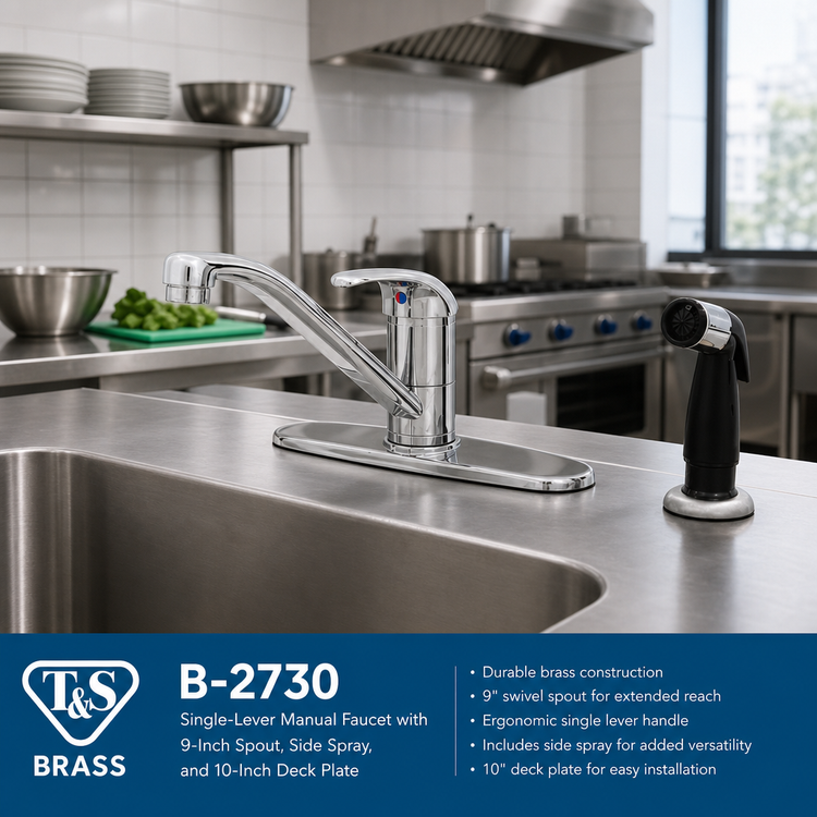 Product image #2 for T&S Brass B-2730 Single-Lever Manual Faucet with 9-Inch Spout, Side Spray, and 10-Inch Deck Plate