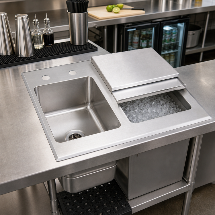 Product image #2 for BK Resources Drop-In Ice Bin with Sink, Right-Side Bin, Sliding Lid, Stainless Steel, 21 x 18 Inches