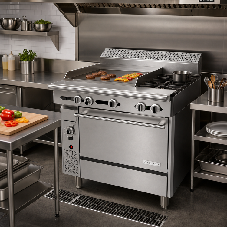 Product image #2 for Garland Cuisine Series 36-Inch Heavy Duty Gas Combination Top Range with 2 Open Burners, 24-Inch Thermostatic Griddle and Convection Oven