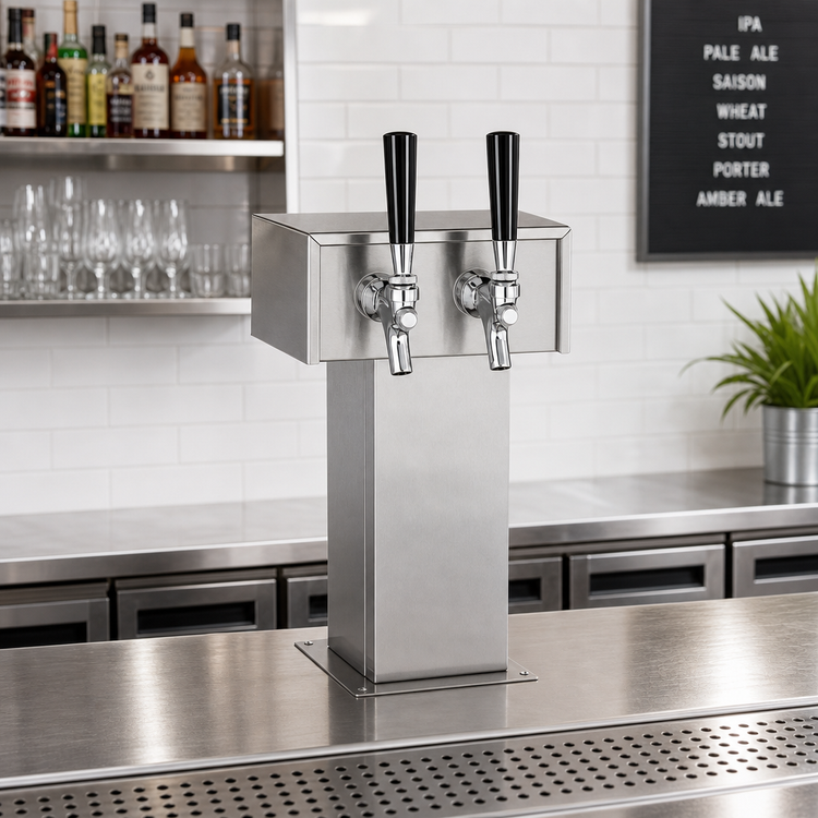 Product image #2 for Perlick Extra High 2-Faucet Standard Base Countertop Glycol-Cooled Tee Draft Beer Tower, Stainless Steel