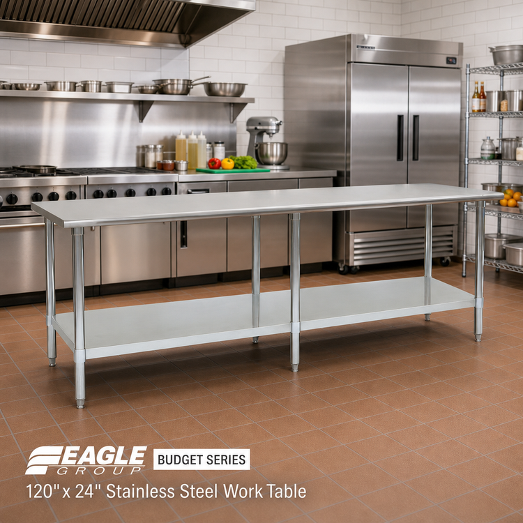 Product image #2 for Eagle Group Budget Series 120-Inch x 24-Inch Flat Top Stainless Steel Work Table with Adjustable Undershelf