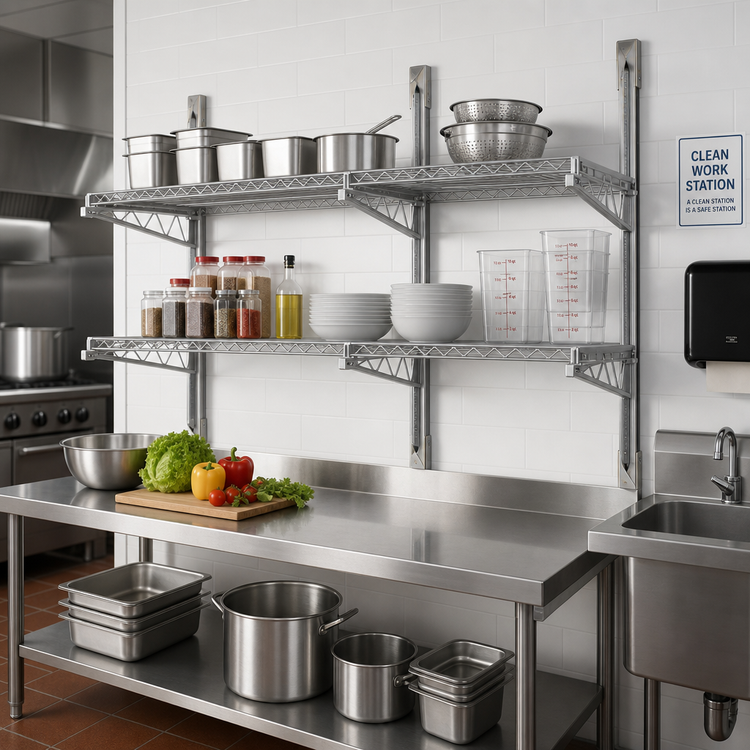 Product image #2 for Advance Tabco Special Value Heavy-Duty 2-Tier Adjustable Wall-Mount Wire Shelving Posts and Brackets for 18-Inch Shelves