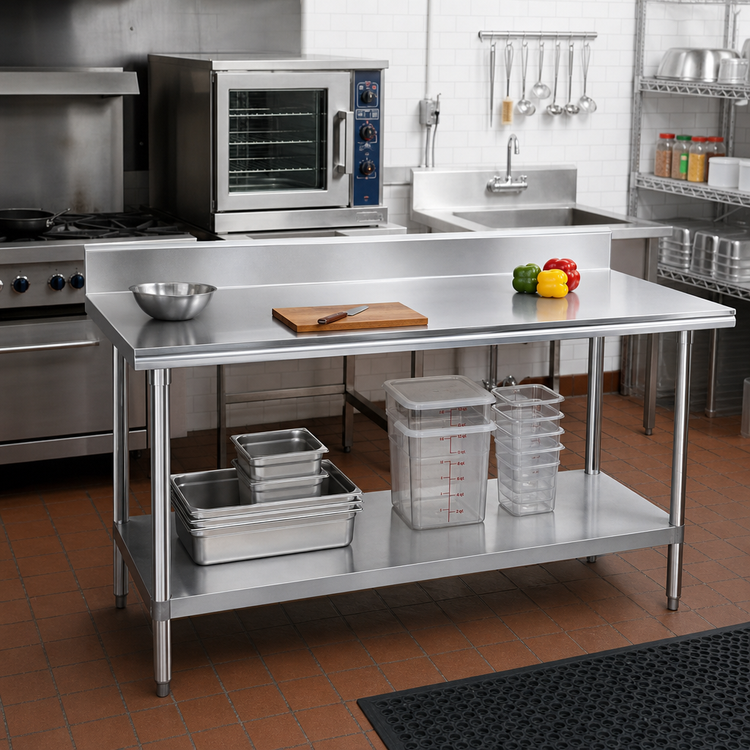 Product image #2 for Advance Tabco 84-Inch x 30-Inch 430 Stainless Steel Work Table with 5-Inch Backsplash and Adjustable Undershelf