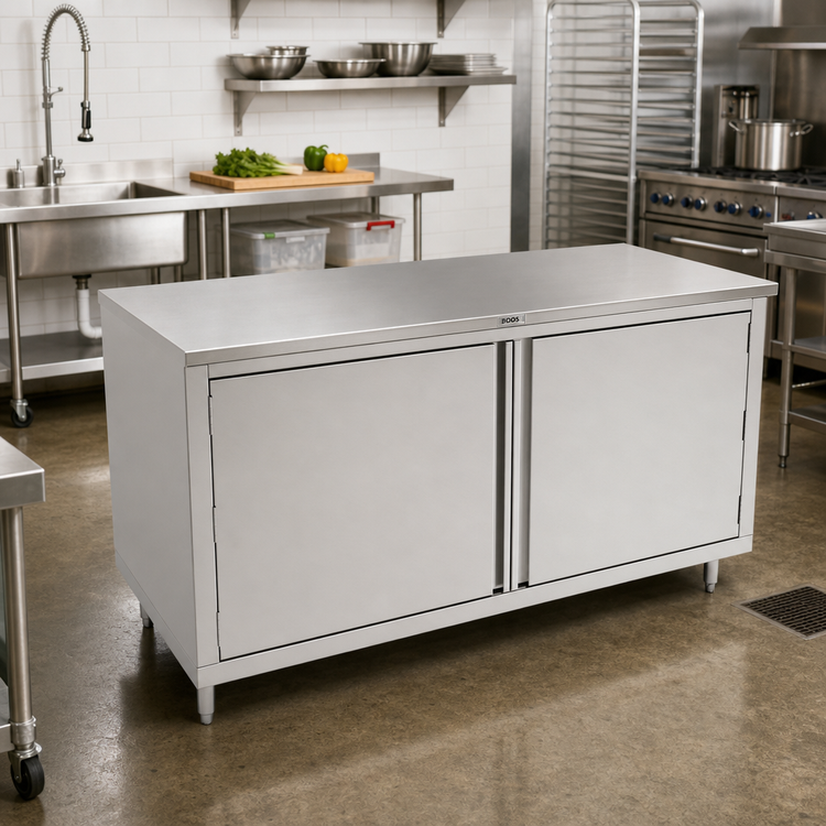 Product image #2 for John Boos 84-Inch Enclosed Work Table with Cabinet Base and Hinged Doors, 30-Inch Deep, 14-Gauge Stainless Steel Flat Top