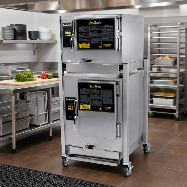 Product image #2 for AccuTemp Evolution Double-Stacked Connectionless Boilerless Convection Steamer, 3-Pan/6-Pan, Natural Gas, Stand-Mounted