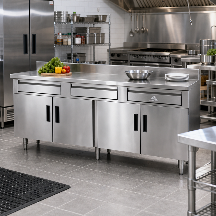 Product image #2 for Advance Tabco 84-Inch Enclosed Stainless Steel Work Table with 3 Drawers and 4-Door Cabinet Base