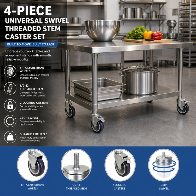 Product image #2 for 4-Piece Universal Swivel Threaded Stem Caster Set for Work Tables and Equipment Stands, 5-Inch Polyurethane Wheels, 1/2-13 Thread, With 2 Locking Casters