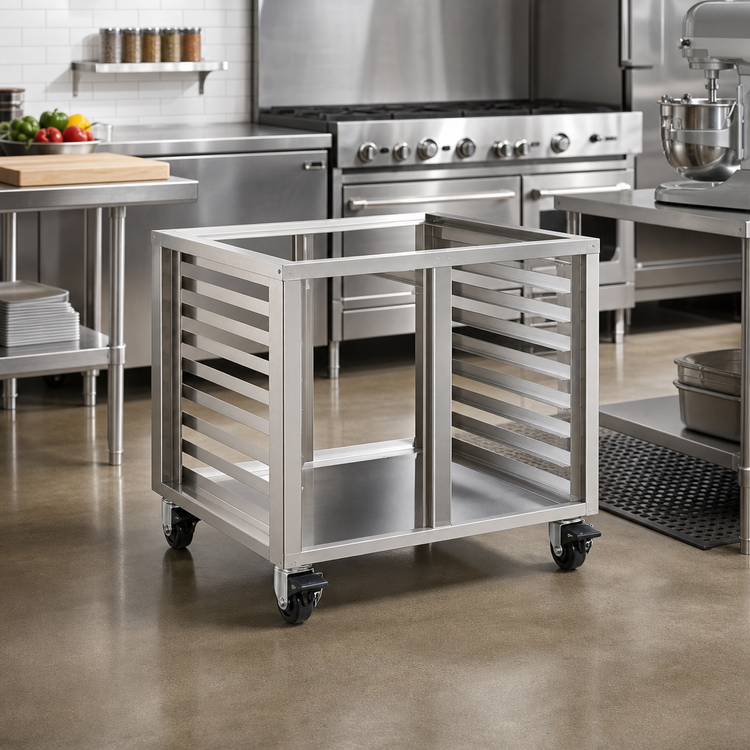 Product image #2 for Baxter 12-Pan Stainless Steel Open Cabinet Equipment Stand Base with Pan Slides and 4-Inch Locking Casters